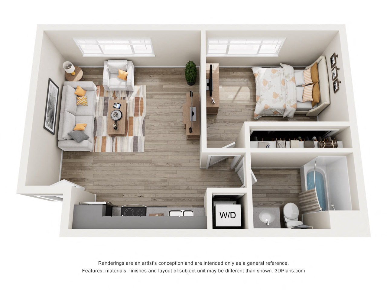 Floor plan for 1 bed, 1 bath, 593 sqft